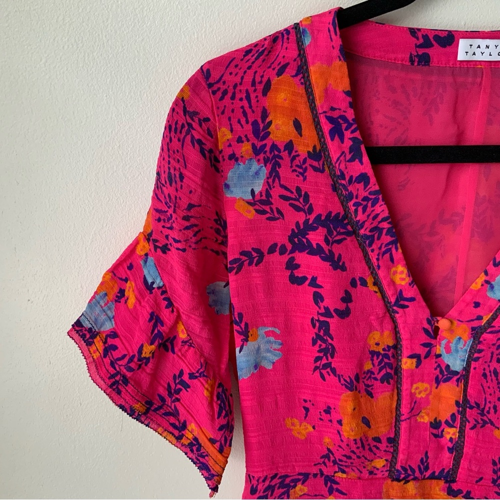 TANYA TAYLOR Kayla Dress Falling Floral Flower Ruffle Silk Event Hot Pink Size 0 - Picture 8 of 16